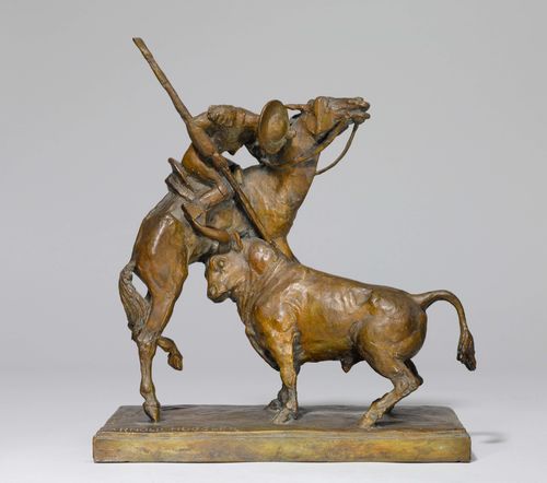 HUGGLER, ARNOLD (1894-1988). Bronze with brown patina. Picador with bull. On a rectangular plinth, monogrammed "AH" and signed "Arnold Huggler". H 29 cm. Provenance: Directly acquired from the artist.