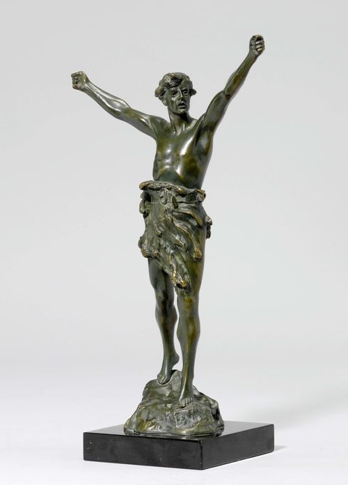 LA MONACA, FRANCIS (1882-1937). Bronze with green patina. Figure of a man, the arms raised in victory. On a later plinth, signed "LA MONACA BRONZE". H 35.5 cm.