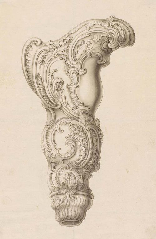 GERMAN, 18TH CENTURY Sketch for a silver cane handle. Grey pen, grey wash. 25.8 x 17.4 cm.