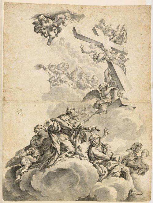 GERMAN, 18TH CENTURY Sketch for an altar painting of Peter the Apostle, John the Baptist and John the Evangelist. Black and grey pen, grey wash. On the left side of the depiction inscribed with brown pen: (not identified). 60.8 x 46.1 cm.