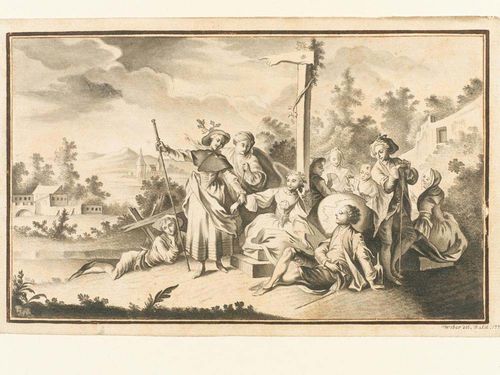 GERMAN, 18TH CENTURY Italian landscape with travelling company at a crossroads. Black and grey pen, grey wash. Signed and dated on lower left: Weber del. Italie 1770. 12.5 x20.5 cm.