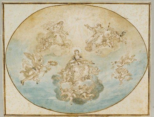 GERMAN, 18TH CENTURY Assumption of Mary. Sketch for a ceiling painting. Blue pen, black chalk, brown and blue wash. Old mount. Signed bottom centre: (indistinct). Verso: old numbering in pen: 72. 26.5 x 34.5 cm (oval).