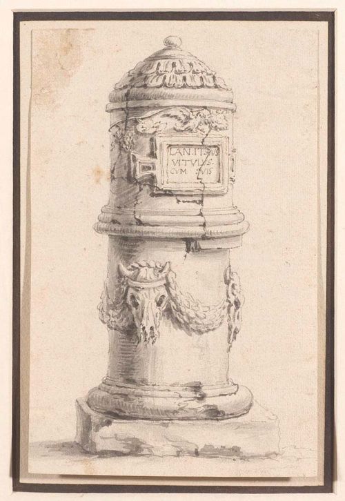 GERMAN, 18TH CENTURY Roman mausoleum. Grey pen, grey wash. Old mount. Old collector's number in brown pen on mount: 340. 16.8 x 10.8 cm. Provenance: Collection Strähnz, Leipzig, not in Lugt.