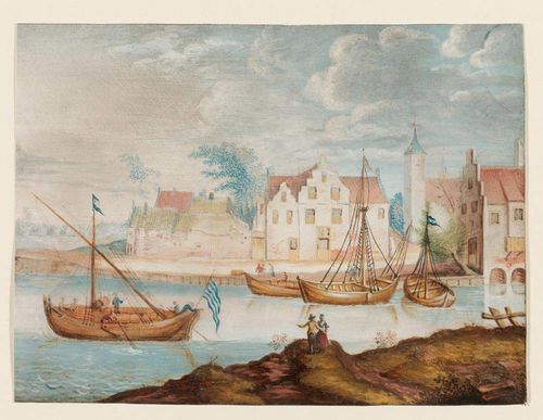 GERMAN, 18TH CENTURY Town by a river with fishing boat arriving. Gouache, heightened in opaque white. 14.9 x 19.9 cm.