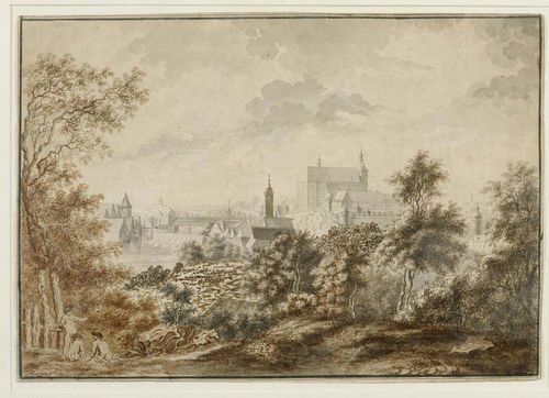 GERMAN, 18TH CENTURY Town by a river with weir. Grey and brown pen, with wash. 29.3 x 41 cm. Framed.