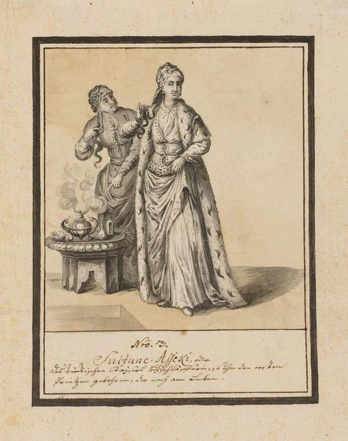 GERMAN, 18TH CENTURY Sultana with female servant. Black and grey pen, grey and brown wash. Below the depiction old inscription in brown pen: No. 3 Sultane Affeki... 14.9 x 11.6 cm.