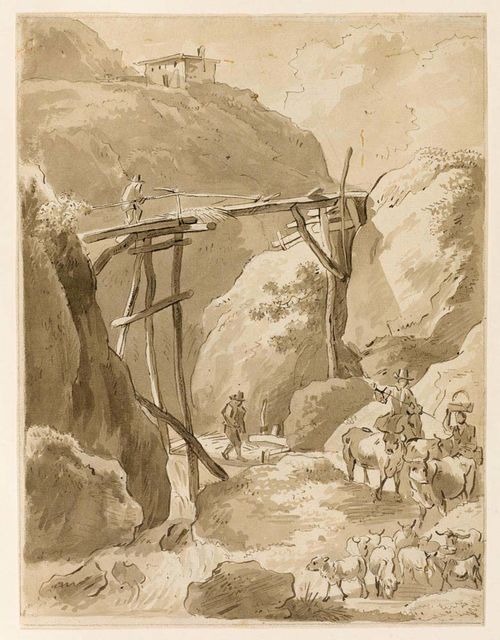 DIETRICH, CHRISTIAN WILHELM ERNST ( or DIETRICY) (Weimar 1712 - 1774 Dresden), attributed Peasants with cattle by a creek. Verso: tree studies etc. Brown pen, grey-brown wash. 27.2. x 20.9 cm.