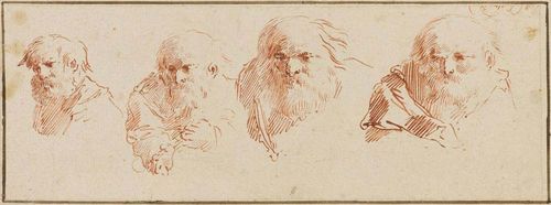 DIETRICH, CHRISTIAN WILHELM ERNST ( or DIETRICY) (Weimar 1712 - 1774 Dresden), attributed Four studies of male heads. Red pen. Old mount. Verso: old attribution and particulars of Dietricy. Also: study of line hatching  without using cross hatching. 9 x 23.9 cm. Provenance: Unknown collector's stamp: KMN in a circle (verso), not in Lugt