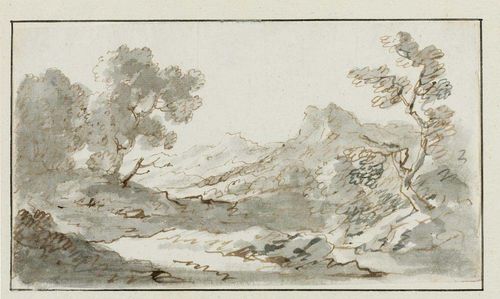 DIETZSCH, JOHANN CHRISTOPH (1710 Nuremberg 1769) Landscape study. Brown and grey pen, grey wash. Old mount. Verso: signed in brown pen: J.C. Dietzsch fec. 12 x 21.3 cm.