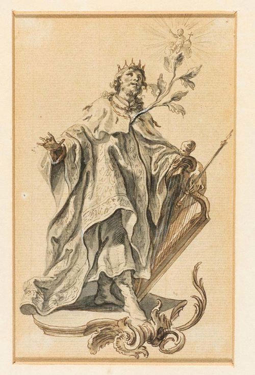 EICHLER, JOHANN GOTTFRIED (1715 Augsburg1770) King David with harp. Grey pen, grey and brown wash, heightened in white. 13 x 8.2 cm.