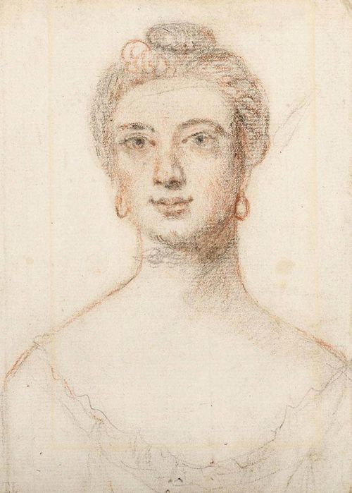 ENGLISH, 18TH CENTURY Study for a female portrait. Black and red chalk. Verso: old inscription in pencil: Vernadier (?) de Voet. 14.2 x 10.2 cm. Provenance: Collection Sir Thomas Lawrence, London, Lugt 2445