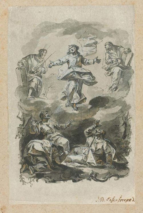 ENZENSBERGER, JOHANN BAPTIST (Sonthofen 1733 - 1773 Augsburg) Ascension of Christ with flanking saints. Black pen, grey and brown wash, heightened in white. Signed on lower right: J.B. Enzensberger d. 15.9 x 10 cm.