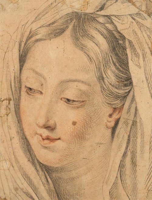 FRENCH, 16TH CENTURY Study of the head of the Virgin Mary. Black and red chalk. 27.2. x 21 cm.