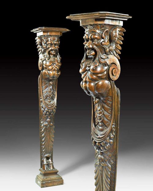 PAIR OF CARVED COLUMNS,Renaissance style, northern Italy, late 19th century. Richly carved walnut. H 146 cm.