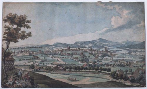 BERN.-Anonymous, circa 1790. View of Berne. Brown pen and watercolour. 25.5 x 41 cm. Verso old inscription in brown pen.: Vuë de la Ville de Berne vers le Midi. - Minor browning. Small tear on the lower margin. In all good condition. Rare.