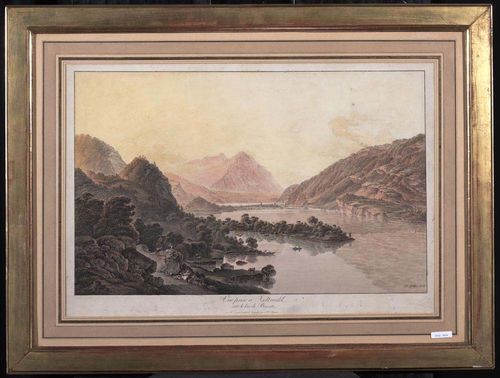 BRIENTZER SEE.-Vue prise à Iseltwald aur le lac de Brientz peint d'aprés nature & gravé par H. Rieter. Etching with original colouring. 36.8 x 59 cm. Old inscription and date lower right in the image in brown pen.: H: Rieter 1803. Gold frame. - Good condition.