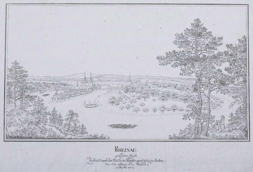 RHEINAU.-Johann Jakob Aschmann (1747-1809). Rheinau im Canton Zurich. Zeichnet nach der Nat. u. in Kupfer geetzt zu haben von J. Jac. Aschmann M.in Thalweil. Lam.No. 40. Etching. 23.2 x 41 cm. - The broad margins with small tears and areas of wear. The image in very good condition. Rare. - From the collection of Hans Jakob Zwicky, Thalwil.