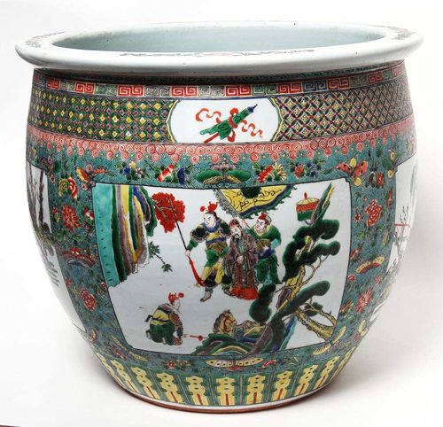 LARGE CACHEPOT.China, 19th century D 46, H 41 cm. Famille verte decoration with four figural cartouches.