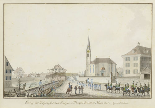 ASCHMANN, JOHANN JAKOB (1747 Thalwil 1809).Einzug der Eidgenössischen Truppen in Horgen den 28.ten Marti 1804. Signed: J. Aschmann. Watercolour outline etching, 30.5 x 45.5 cm. The edging in brown pen. Titled and inscribed in brown pen in the lower margin. Framed. - Scattered foxing, the upper right-hand corner with a restored tear. - Rare.