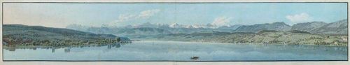 SCHMID, FRANZ (Schwyz 1796 - 1851 Ried).Der Zürichsee von Baugarten gesehen, circa 1830. Watercolour and opaque qhite. 15.5 x 94.5 cm. Signed and inscribed in pencil in lower margin: Par F. Schmid Zuric. Gold frame. - Fresh colour and well preserved. - Very rare.