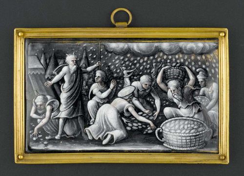MANNA FROM HEAVEN, Renaissance, Limoges, 16th century Enamel painting "en grisaille", with light gold drawing. Translucent "contre-email". 12.5x7.5 cm. Small loss. Presumably original brass frame.