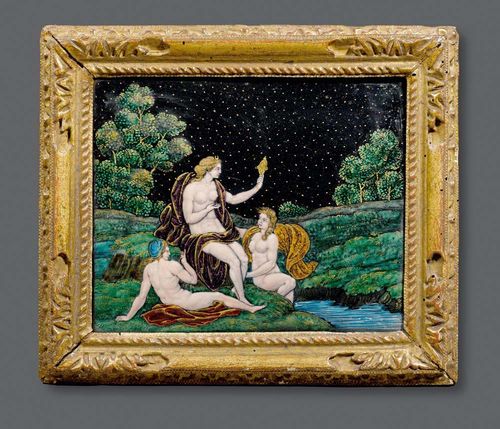 DIANA BATHING, probably by E. SAMSON (Edme Samson, 1810-1891), in the style of SUZANNE DE COURT, monogrammed lower right SC, Paris, 19th century. Polychrome enamel painting with gold. 16x20 cm. In gilt Louis XV frame. 19x23 cm.