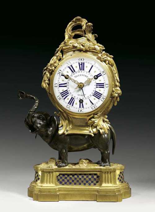 PENDULE A L'ELEPHANT, Louis XV, the model probably by J. CAFFIERI (Jacques Caffiéri, 1678 Paris 1755), the dial and movement signed SILVESTRE A PARIS (Joseph Silvestre, maitre 1755), Paris circa 1755/60. Matte and polished gilt bronze, also burnished bronze. The standing elephant bearing the clock case on its back, on stepped plinth. Finely painted enamel dial with "fleur de lys" in gold, 3 hands, verge escapement striking the 1/2 hours on 3 bells. 36x22.5x58 cm. Provenance: Private collection, Belgium. Two identical models are known: One was sold  at Christie's New York on 185.1989 (Lot No 121), the other at Christie's Monaco on 19.6.1999 (Lot No 19) .