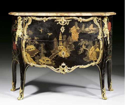 LACQUER CHEST OF DRAWERS, Louis XV, stamped J. DUBOIS (Jacques Dubois, maitre 1745), guild stamp, Paris circa 1750. Wood, painted on all sides in "goût chinois" with colourful pagoda and park figural scenes and exotic plants and animals on black ground, the centrally bomé front with 2 sans traverse drawers, exceptionally fine matte and polished gilt bronze mounts and sabots and richly shaped "Brèche d'Alep" top. 115x50x87 cm. Provenance: - Paris auction 10.12.1975 (Lot No 175). - Ader/Picard/Tajan 21.2.1979 (Lot No 117). - from a European private collection. Very important and fine chest of drawers.