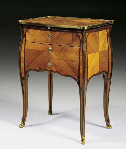 SMALL WORK TABLE, SO-CALLED "TABLE A ECRIRE", Louis XV, from the workshop of BVRB (Bernard II Van Risenburgh, maitre 1735), with signature EHB (E. HOLMES BALDOCK, 1777 London 1845, active as "marchand mercier"), Paris circa 1760. Tulipwood, amaranth and "bois de bout" finely inlaid with flowers, cartouches and frieze. The shaped top edged in bronze, the front with leather lined sliding ledge over 3 sans traverse drawers, gilt bronze brass mounts and sabots. Freestanding. Restored and with alterations.  53x37x71 cm. Provenance: - Sotheby's London 10.12.2003 (Lot No 95). - from a German collection. Exhibited: - TEFAF Maastricht in 2006.