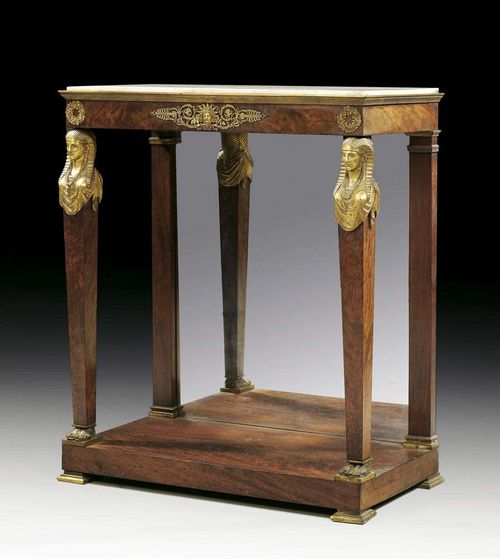 MAHOGANY CONSOLE "AUX EGYPTIENNES", Empire, with signature CHAPUIS (Jean Joseph Chapuis, 1765 Brussels 1864), Brussels circa 1805/10. The "Carrara" top within shaped frame, the front legs "aux égyptiennes" and with mirrored back panel. Exceptionally fine matte and polished gilt bronze mounts and applications. 77x40x92 cm. Provenance: Private collection, Brussels