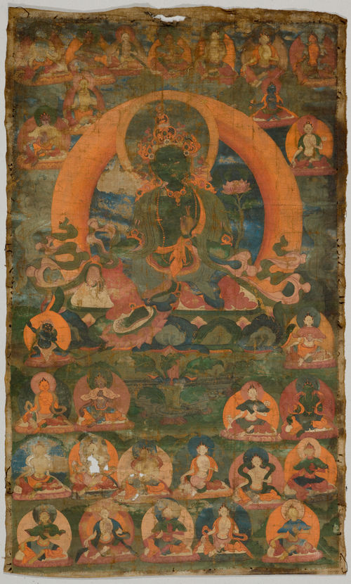 THANGKA OF THE GREEN TARA SITTING IN LALITASANA ON A LOTUS PILLOW.