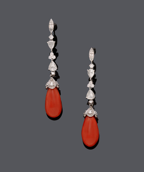 CORAL AND DIAMOND EAR PENDANTS.