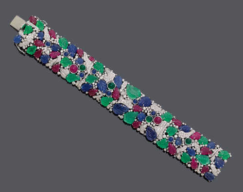 RUBY, EMERALD AND DIAMOND BRACELET.