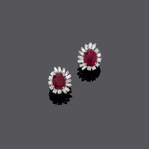 BURMA RUBY AND DIAMOND EARCLIPS.