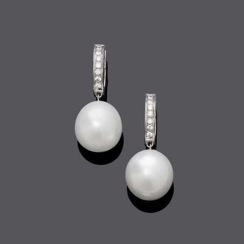 PEARL AND DIAMOND HOOP EAR PENDANTS.