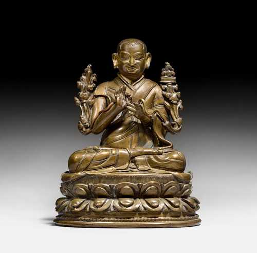 A BRONZE HIGH RANKING LAMA, POSSIBLY TSONGKHAPA.