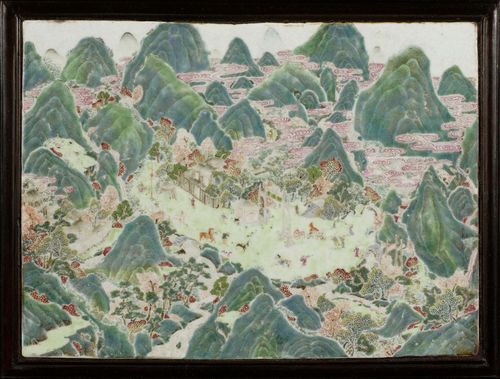 A FINE PORCELAIN LANDSCAPE PAINTING. China, 18th century, 19.2x25.8 cm. Colours slightly rubbed.