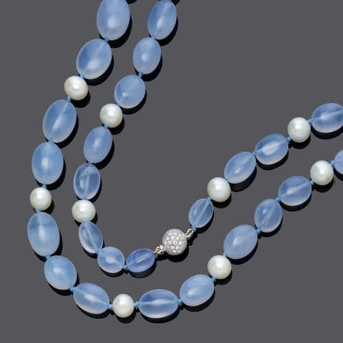 CHALCEDONY, PEARL AND DIAMOND SAUTOIR.