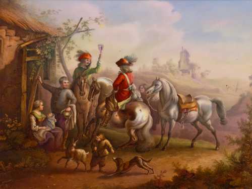 PORCELAIN PLAQUE "HORSEMEN AT THE TAVERN",