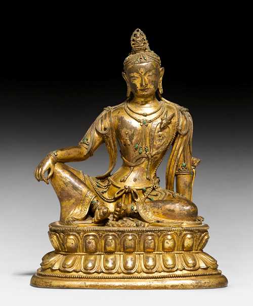 AN ELEGANT GILT BRONZE FIGURE OF AVALOKITESHVARA.