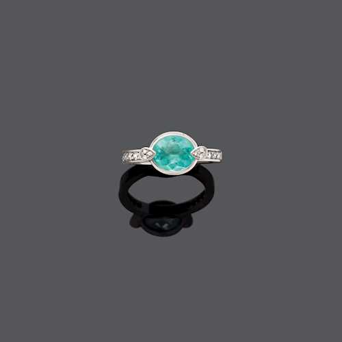 PARAIBA TOURMALINE AND DIAMOND RING.