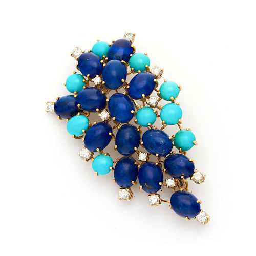 TURQUOISE, LAPIS LAZULI AND DIAMOND CLIP BROOCH, ca. 1960.