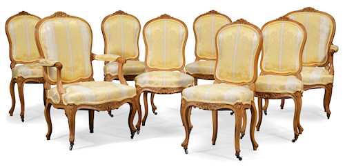 A SET OF SIX CHAIRS & TWO FAUTEUILS