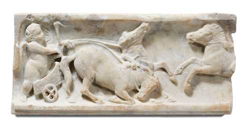 FRAGMENT OF AN EROTES SARCOPHAGUS WITH A CIRCUS RACE