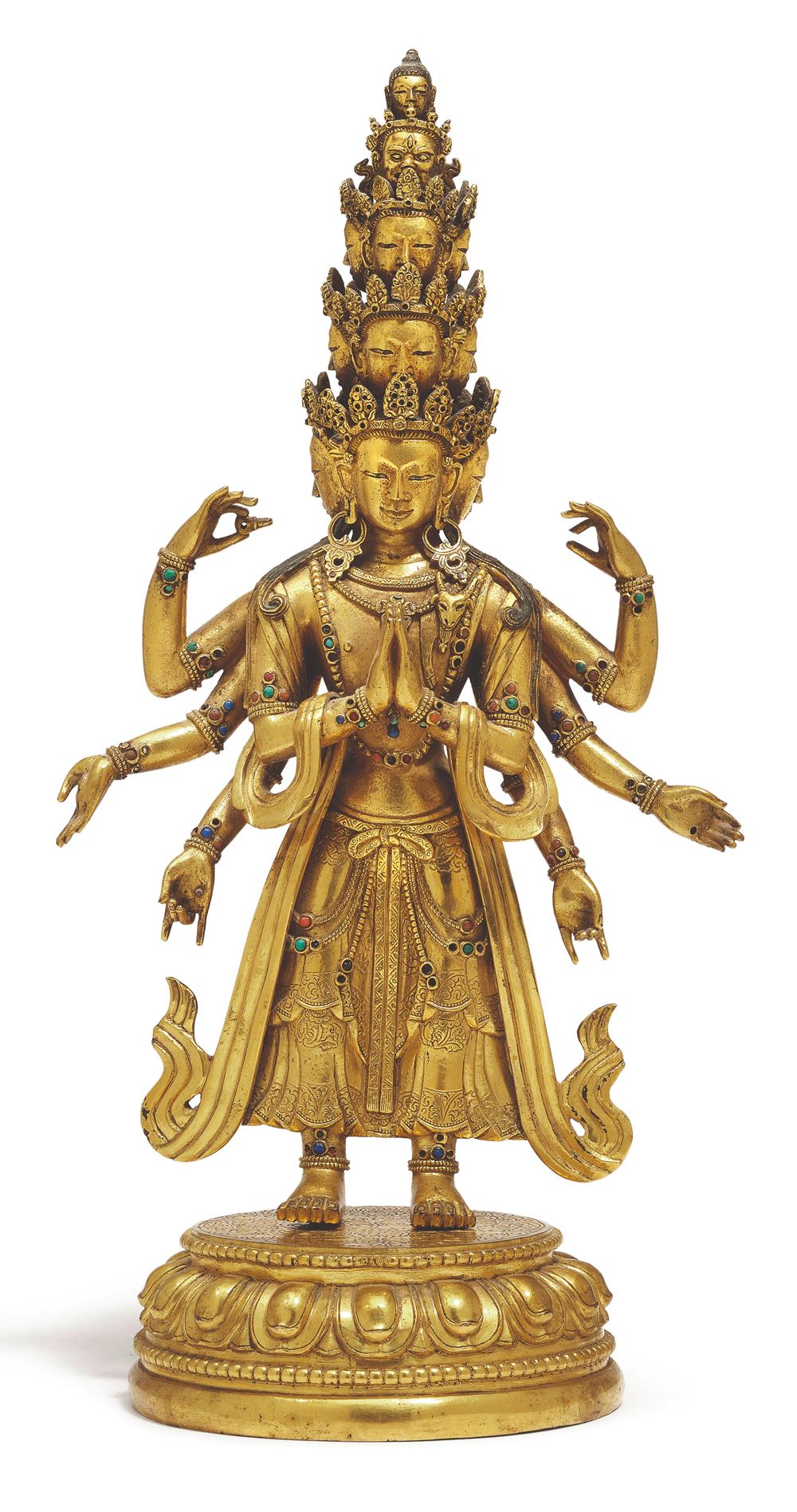 精美銅鎏金十一面觀音像。 漢藏風格，17/18世紀，高29.5 厘米。