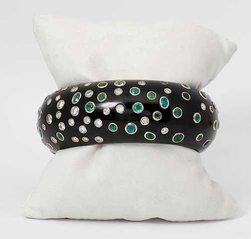 ONYX, TOURMALINE/PROBABLY PARAIBA TOURMALINE AND DIAMOND BANGLE.