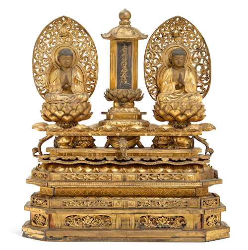 ALTAR WITH TWO BUDDHAS AND LOTUS SUTRA STELE.