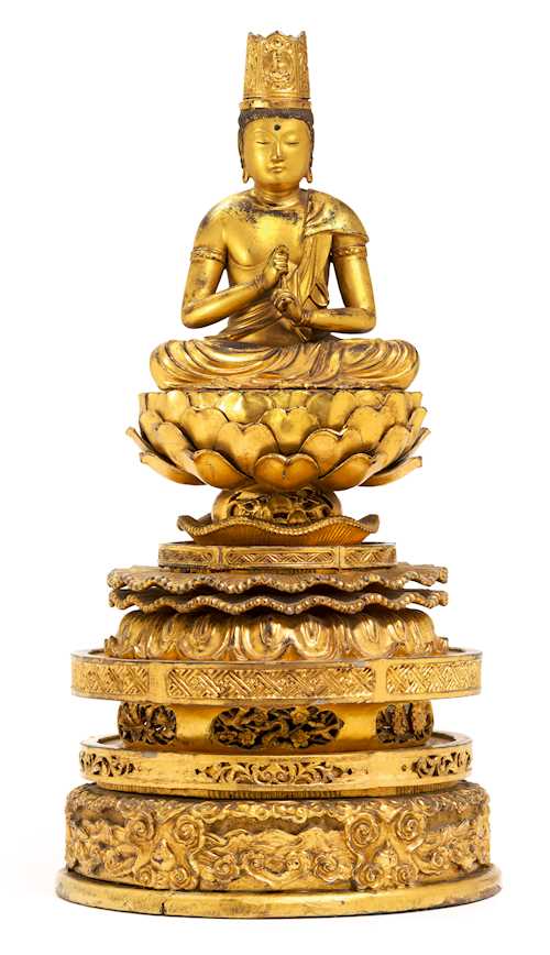 A GOLD LACQUERED WOOD FIGURE OF DAINICHI NYORAI.