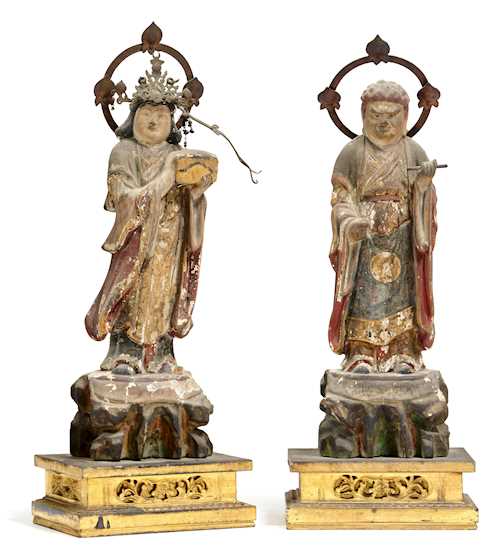 TWO SMALL NICHIREN-SCHOOL WOOD FIGURES: KISHIMOJIN UND MUENZOKU.