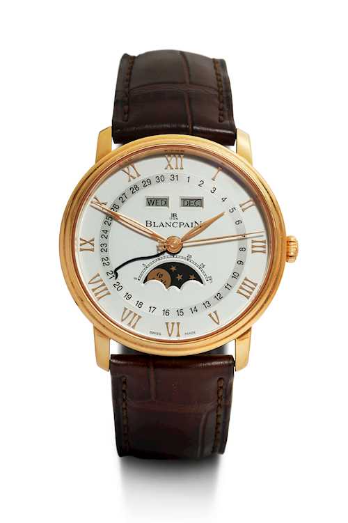 Blancpain, large Villeret calendar watch with moon phase in almost new condition, 2012.